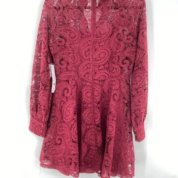 Aqua NWT Lace Button Front Long Sleeve Mock Neck Mini Dress Burgundy Medium New - Picture 4 of 12
